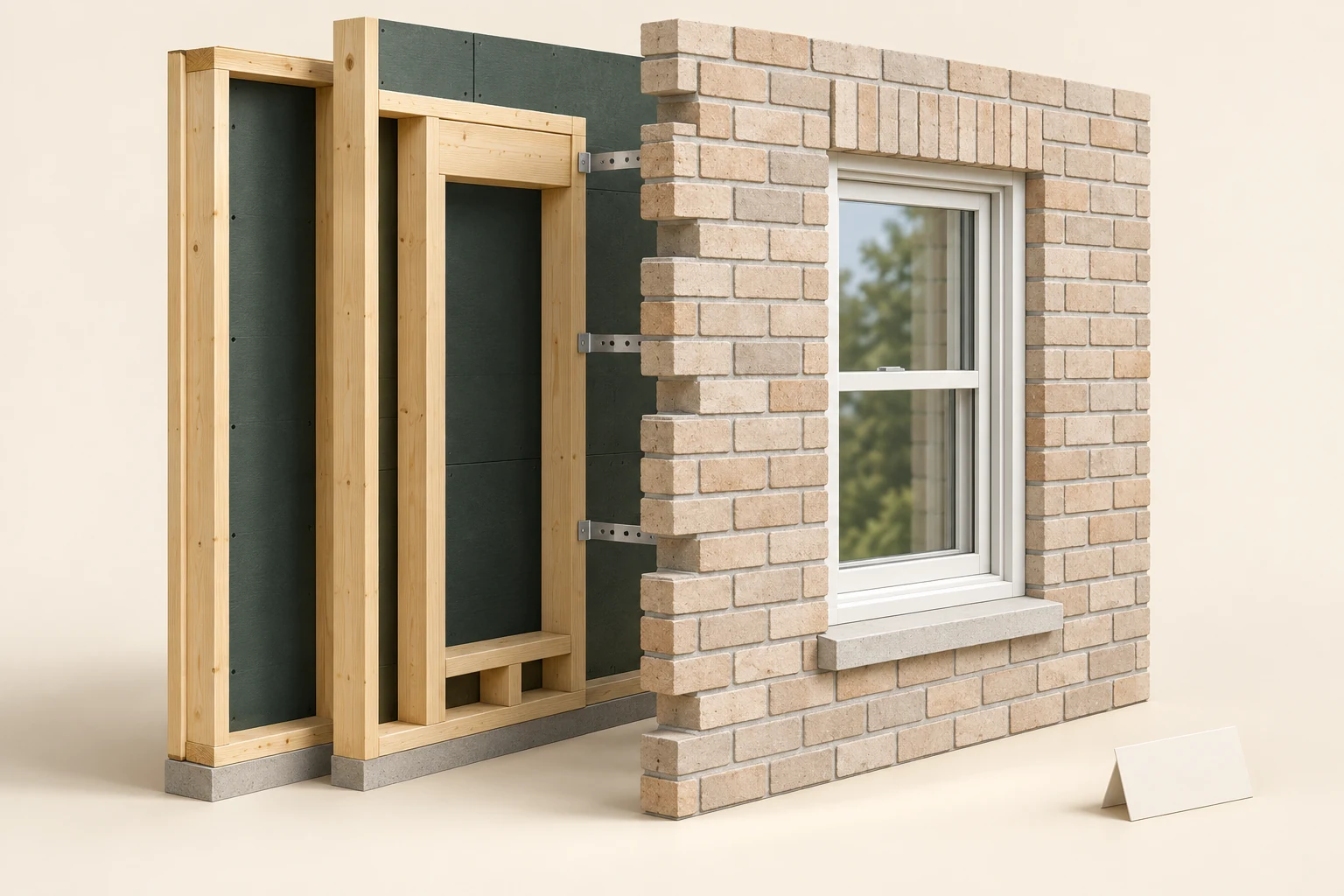 Illustrative wall cutaway with a brick face and closed window separated from a dark backing layer and timber frame; metal connectors bridge the gap and a blank card sits nearby