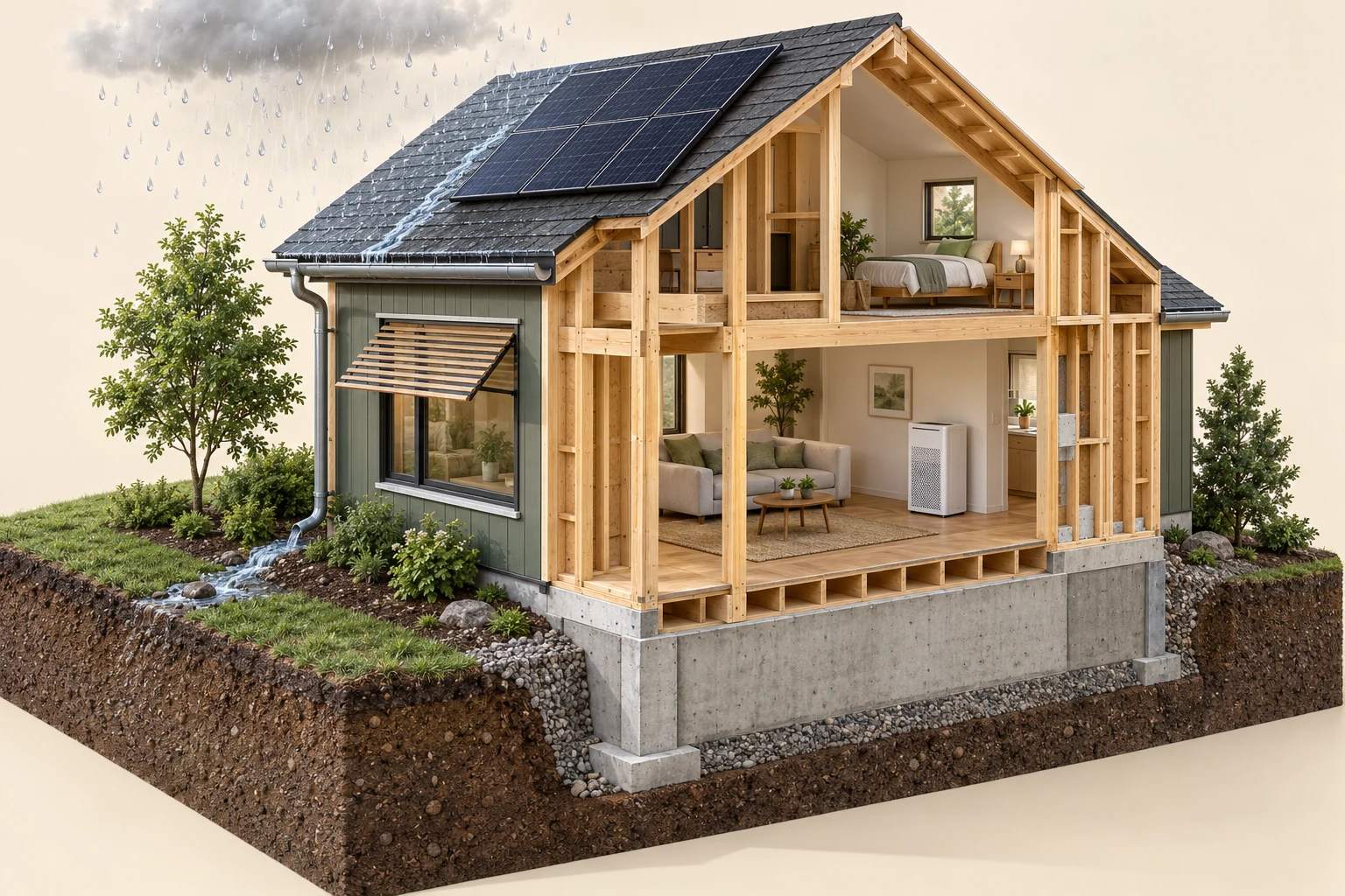 Conceptual home cutaway with exterior shade, closed air cleaner, roof rain and foundation