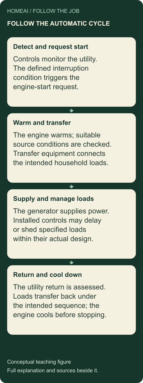 Follow the complete automatic outage-and-return cycle. Four connected teaching cards; their complete meanings remain below.