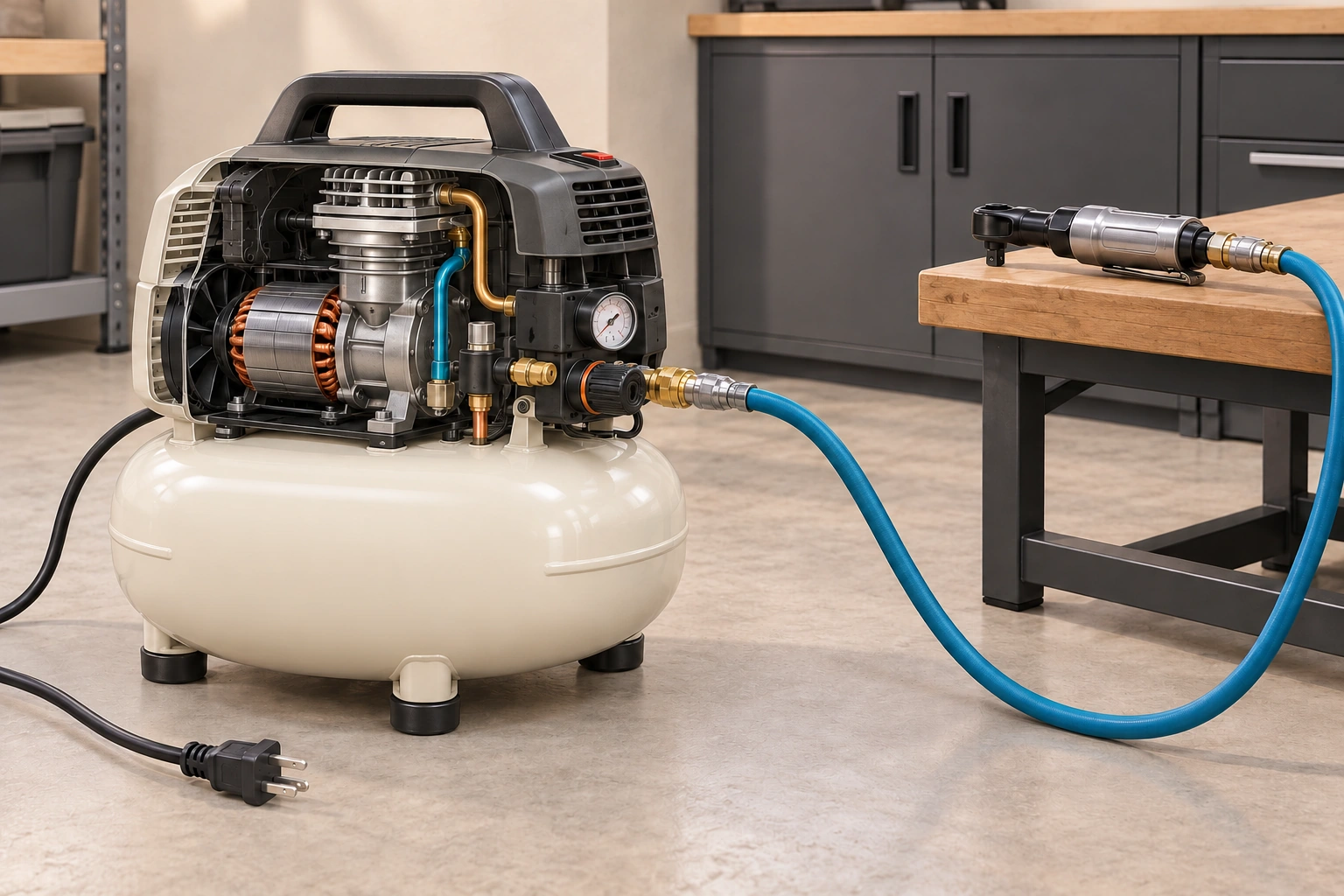 A compressor cutaway on a workshop floor has an unplugged electrical lead and a connected blue hose leading to an intact air ratchet on a bench.