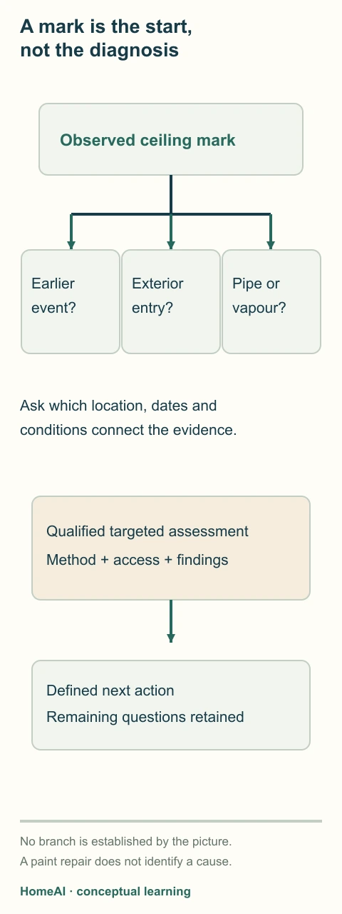 A branching diagram keeps an observed ceiling mark separate from earlier event, exterior entry and plumbing or condensation possibilities before targeted assessment.