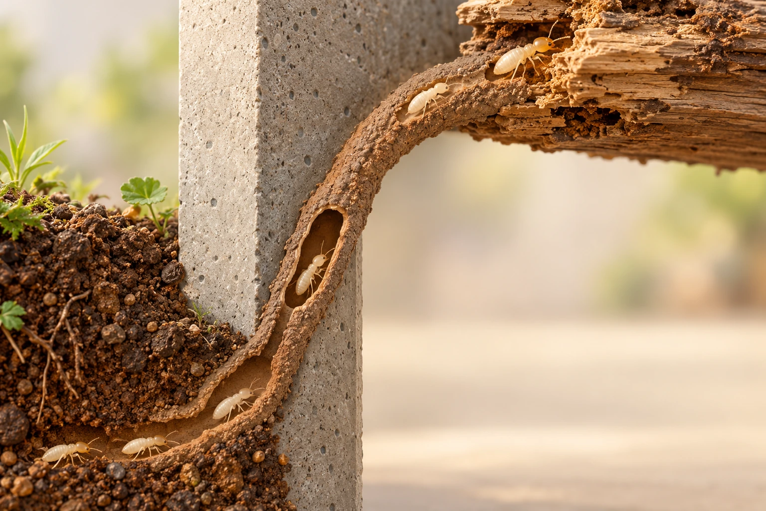 Separate conceptual soil-to-wood section with a protected earthen route beside concrete and pale insect models at an illustrative wood feeding interface.