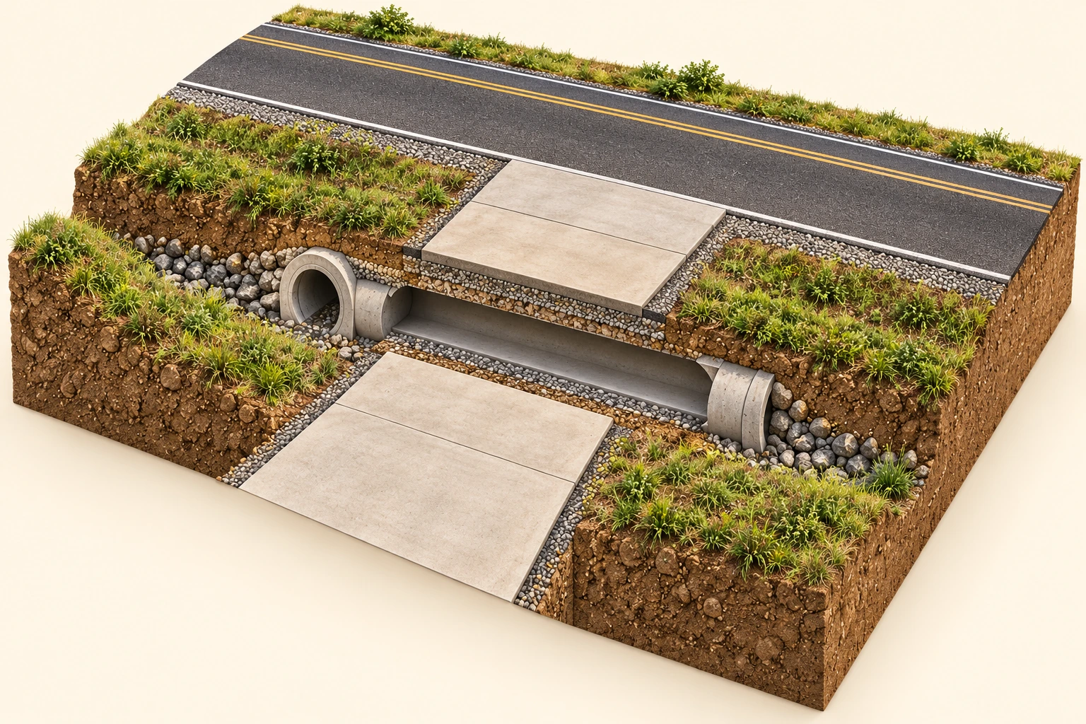 A culvert lets the ditch cross beneath a driveway. The driveway crosses a roadside ditch above one continuous culvert barrel. The drawing removes the middle driveway cover and the pipe’s upper half so the passage can be seen. Access above and water passage below are different jobs in the same crossing.
