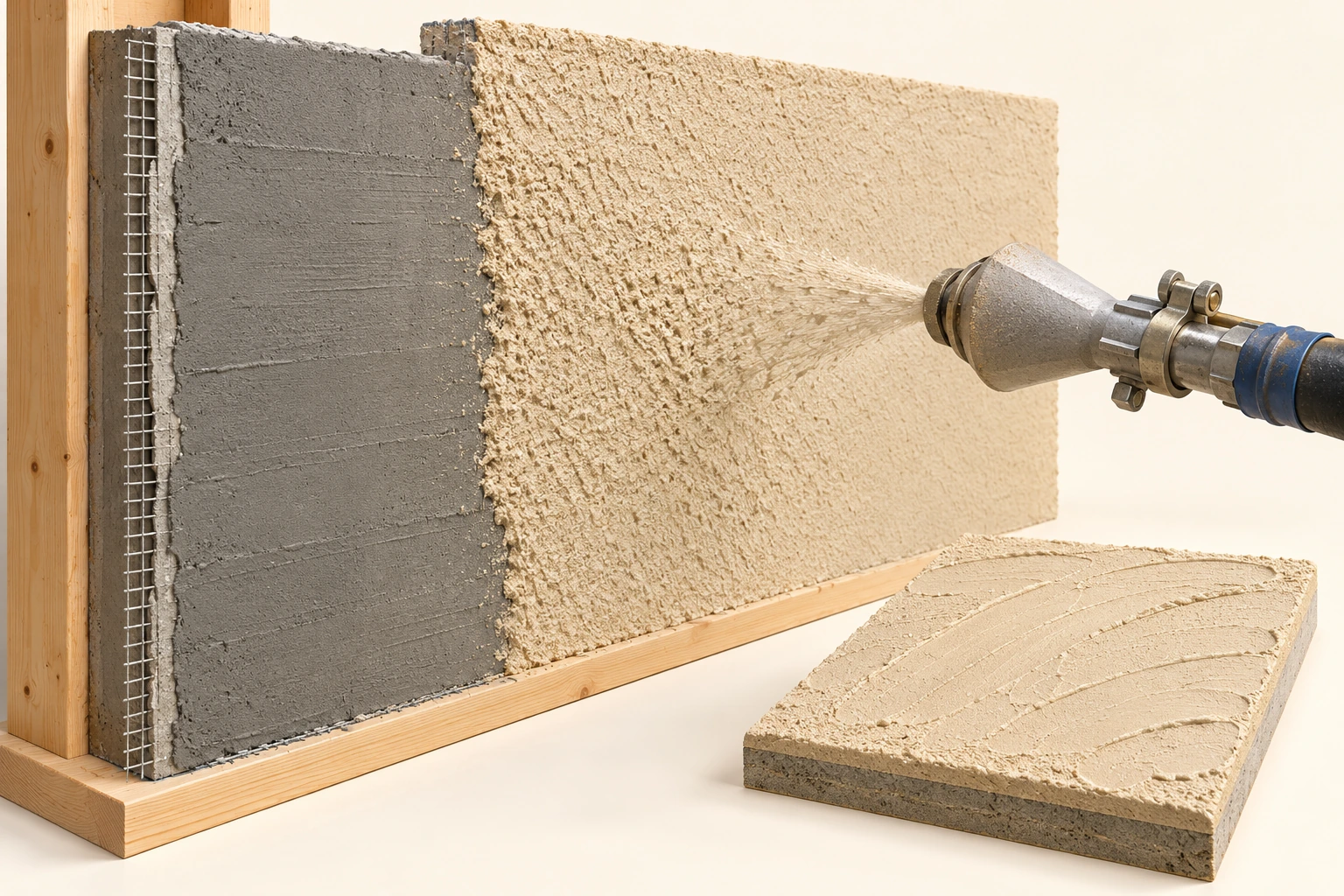 Wall sample has an exposed grey base on the left and pale textured finish on the right, with a spray nozzle applying material and a separate trowelled finish sample below.