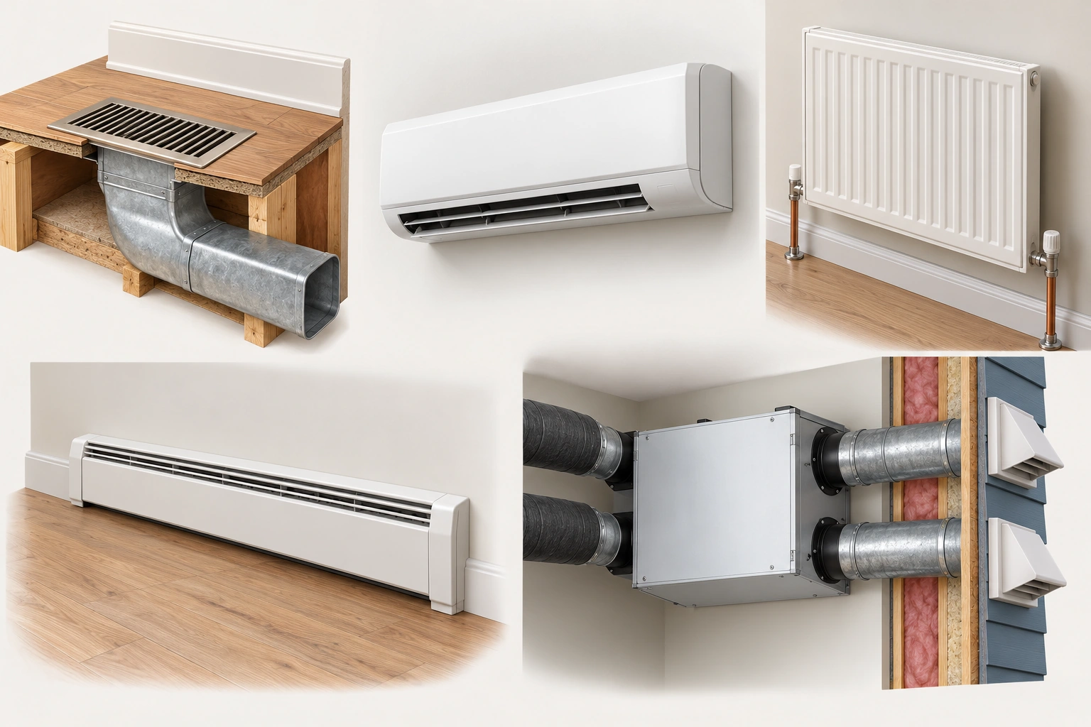 Five physical examples show a floor supply register and exposed duct boot, a wall-mounted ductless indoor head, a panel radiator with water pipes, a covered electric baseboard and a closed ventilation unit with indoor and outdoor duct connections.