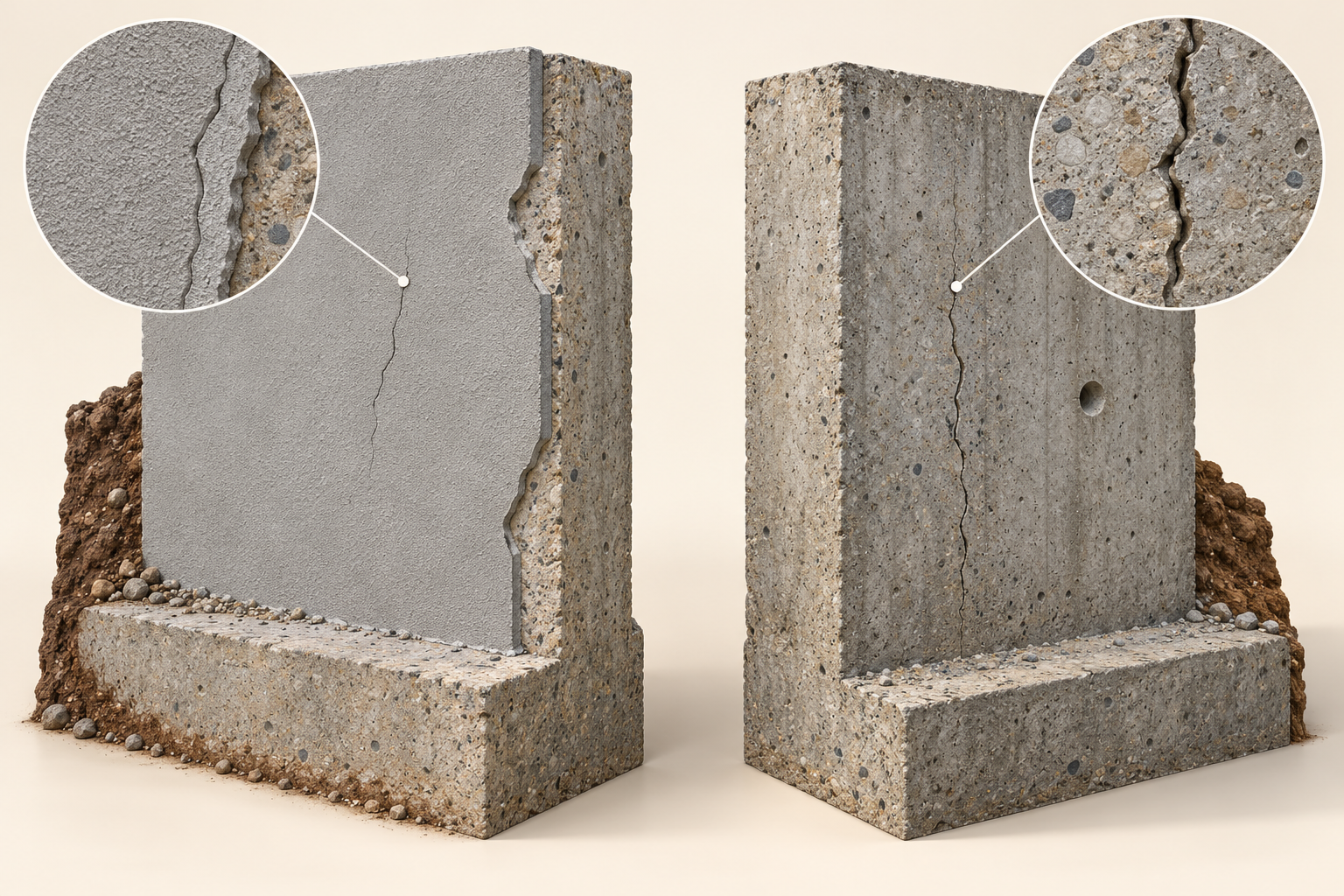 Two concrete teaching models compare a thin surface coating over concrete with exposed concrete; both include magnified crack-like lines without a scale.