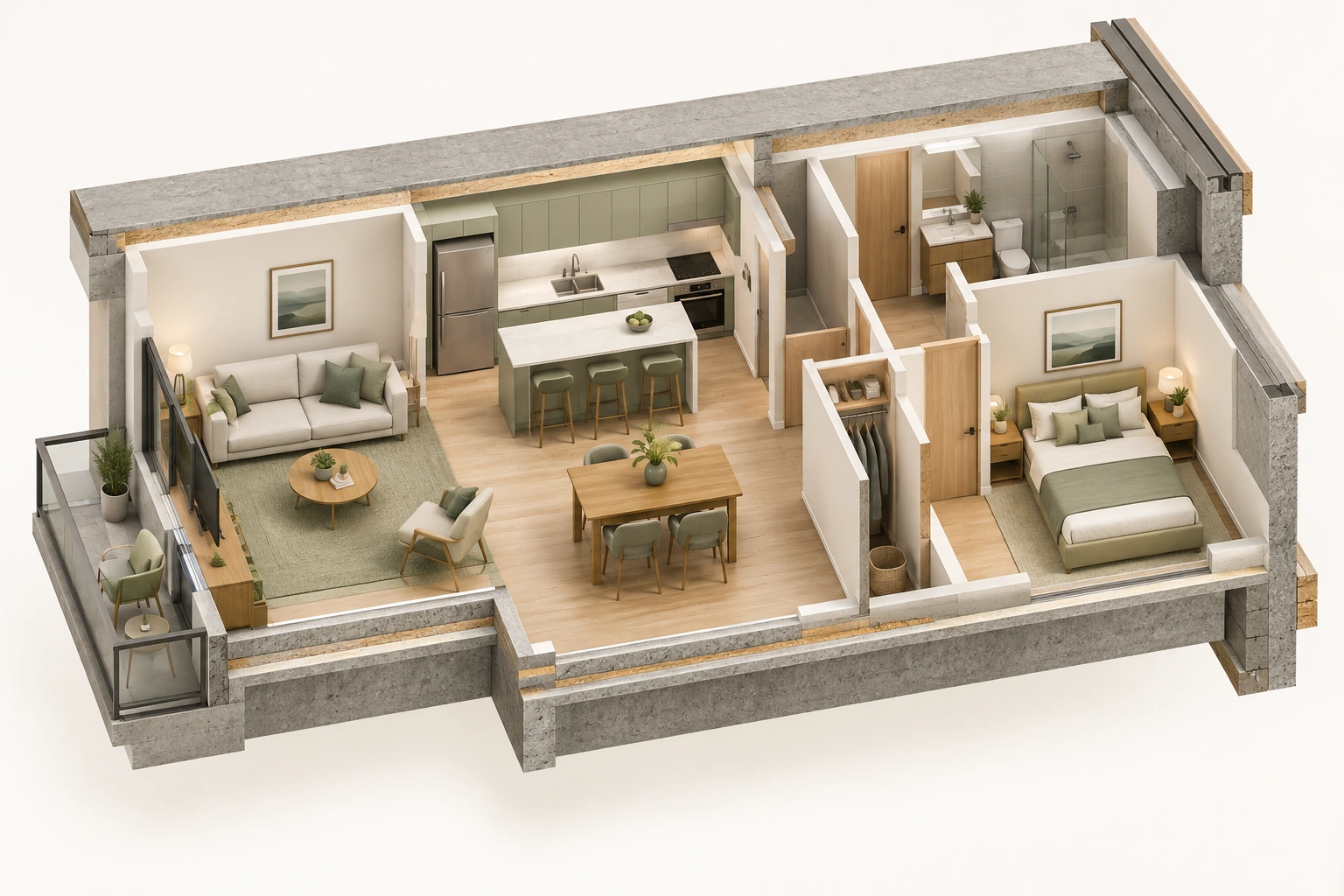 Oblique apartment cutaway showing walls and floor edges, fitted kitchen, bathroom, bedroom, sofa, dining furniture and balcony.