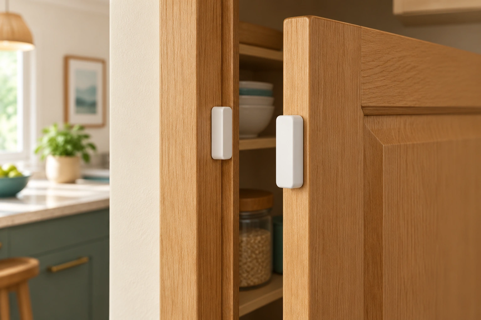 The two closed sensor pieces are separated by the open cupboard door. Their relationship teaches why the sensor’s report concerns a local state rather than proof that a remote lamp responded.