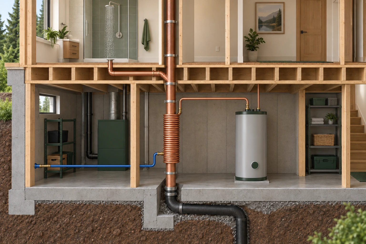 Two-floor conceptual home cutaway: shower drain joins a vertical copper passage, a separate blue clean-water line enters its surrounding coil, and the coil outlet continues toward a closed water heater.