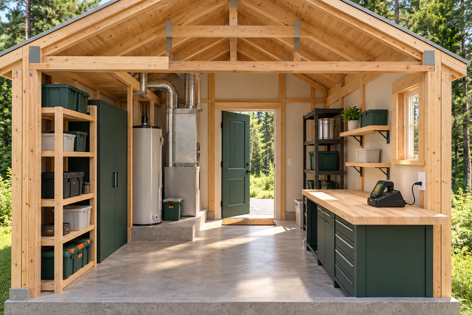 Timber garage cutaway with an intact charger and pack on a right-hand bench, clear central walking route and open exterior door; water and air heating equipment appear at the left.