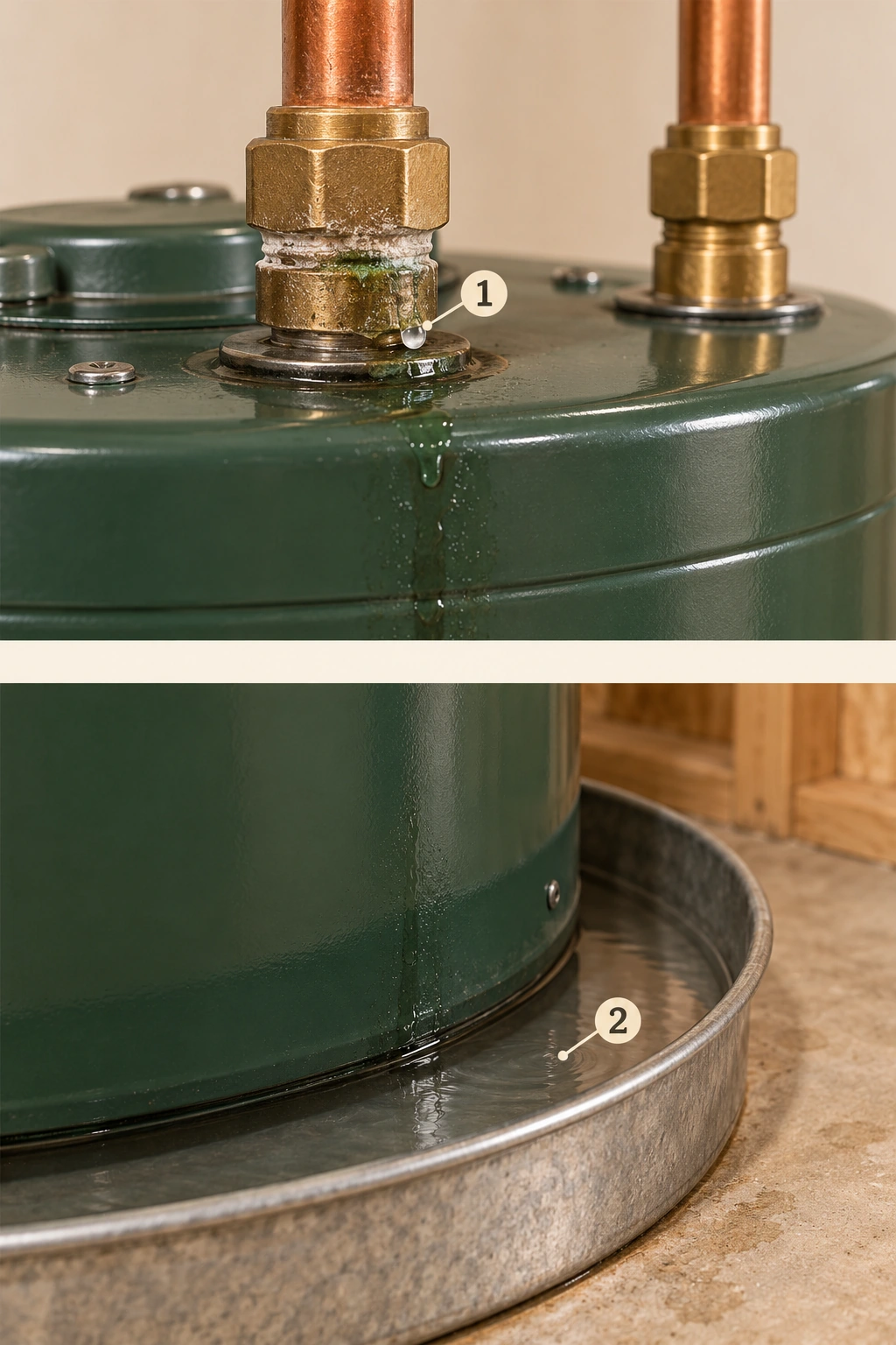 Two original conceptual close-ups show a water bead and deposits at an external water-heater connection, then clear water inside a pan around a closed tank base; no failed tank-wall hole is shown.